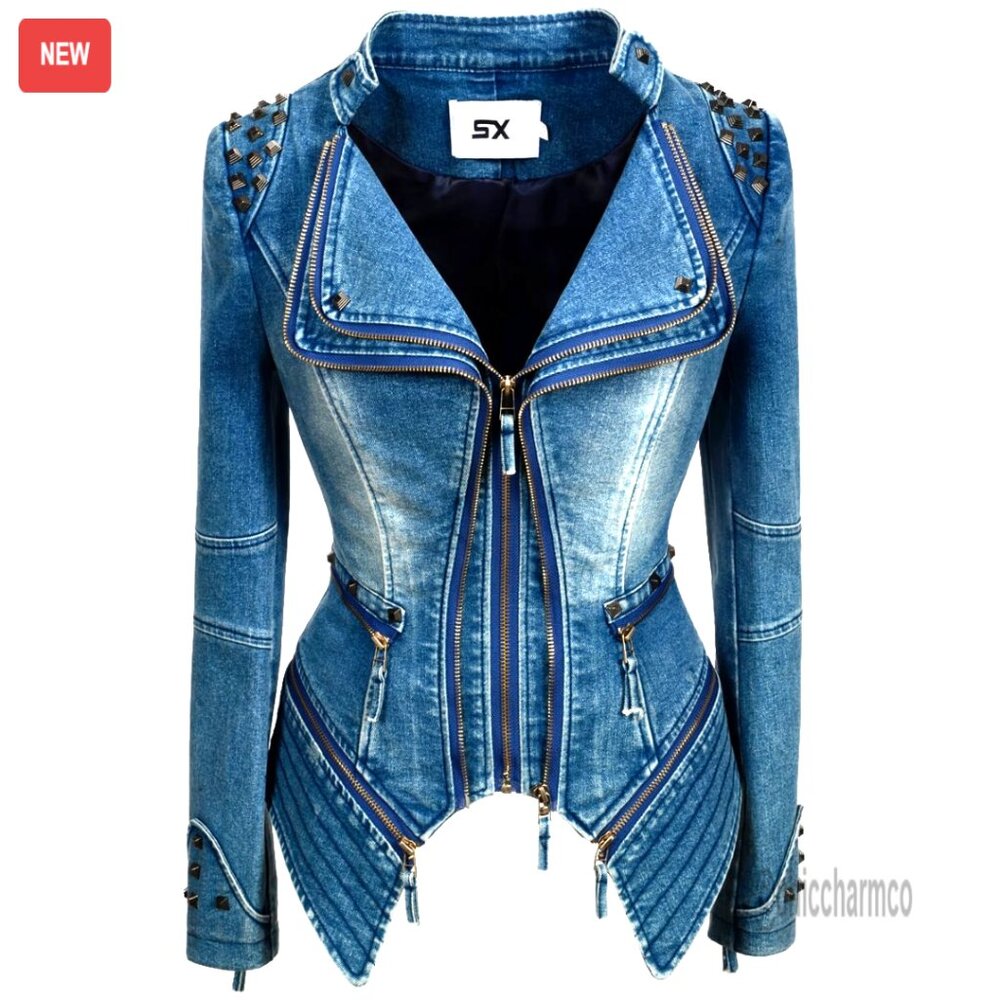 Faux Leather Moto Jacket With Rivet Detail, Double Zipper, Dovetail Design